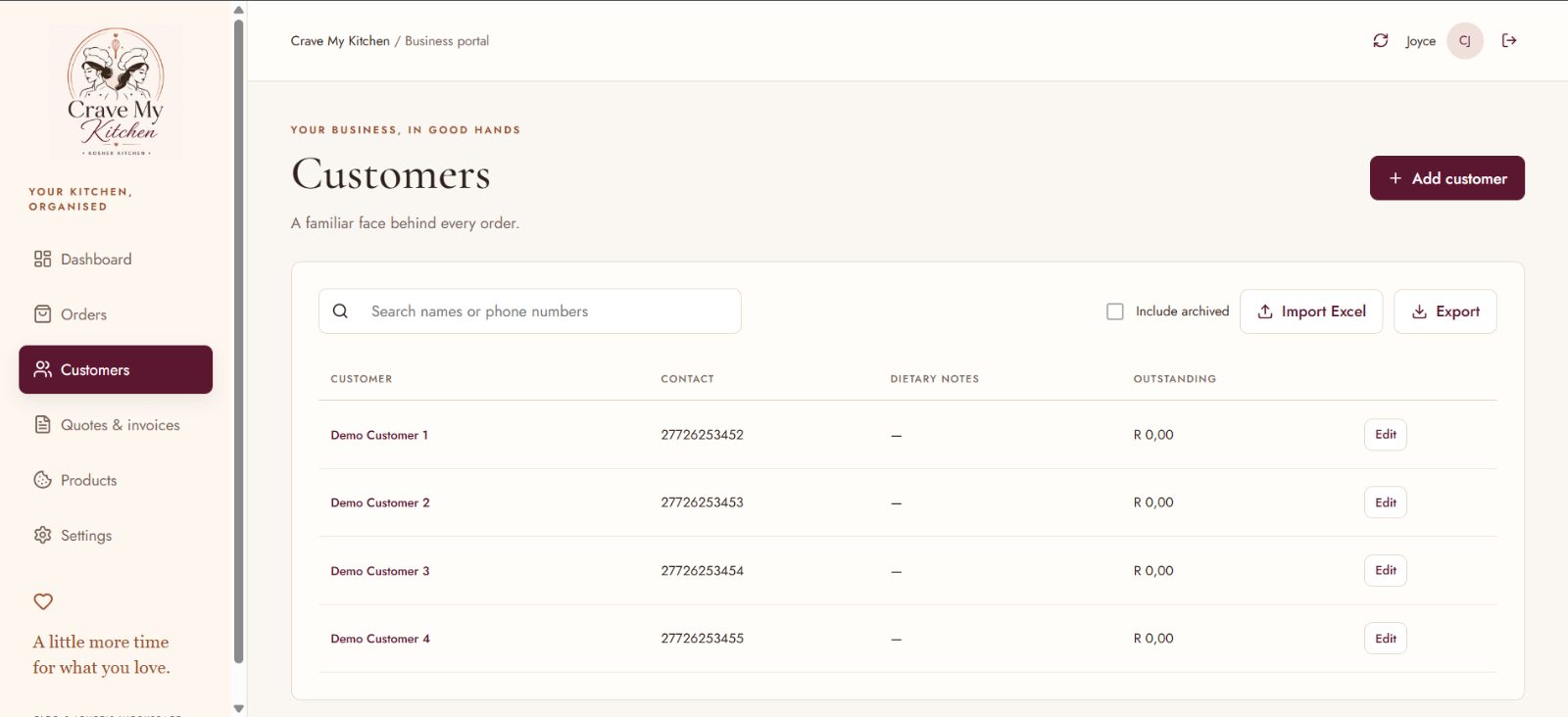 Customer records with contact details and history
