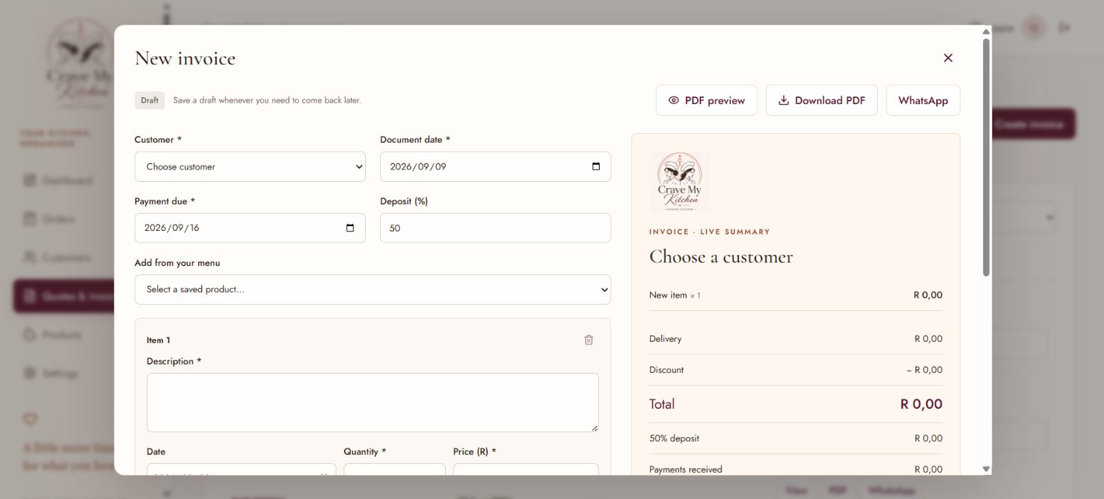 New invoice form built from an accepted quote
