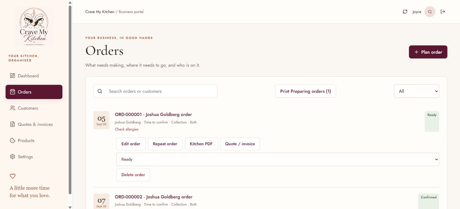 Order list showing status, collection details and actions