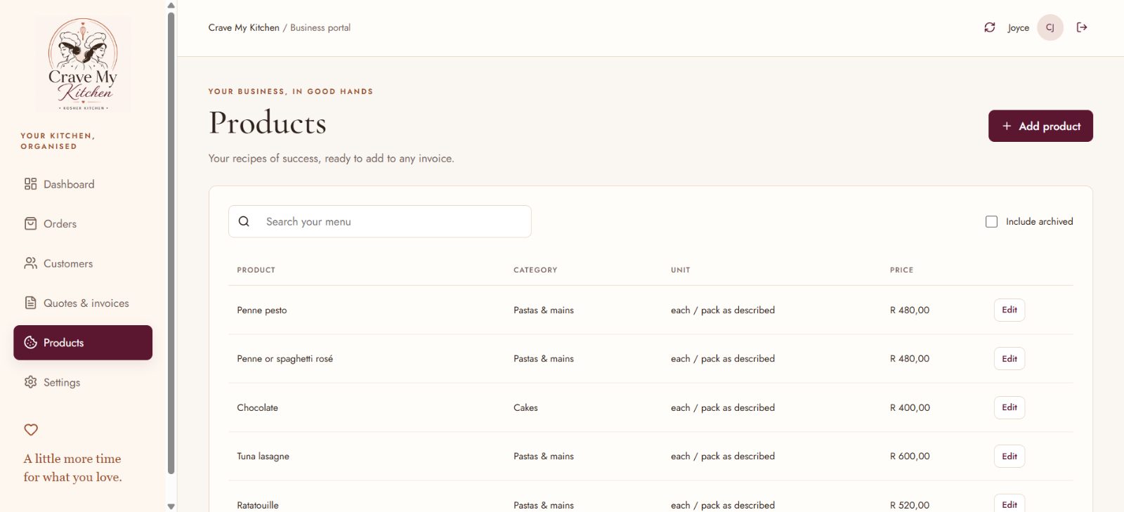 Saved products and services that quotes are built from