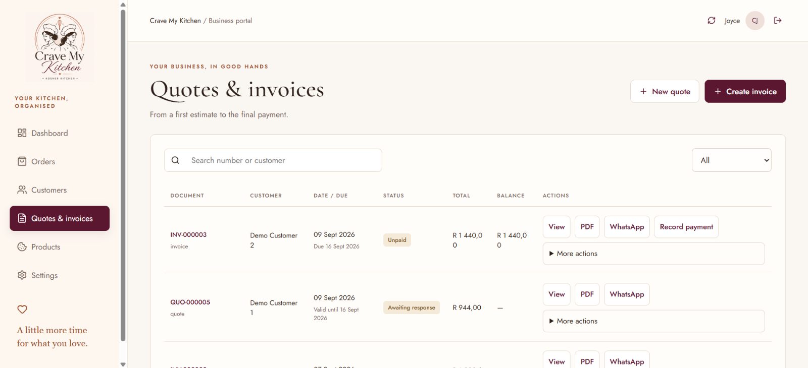 Quotes and invoices list with status, totals and balances