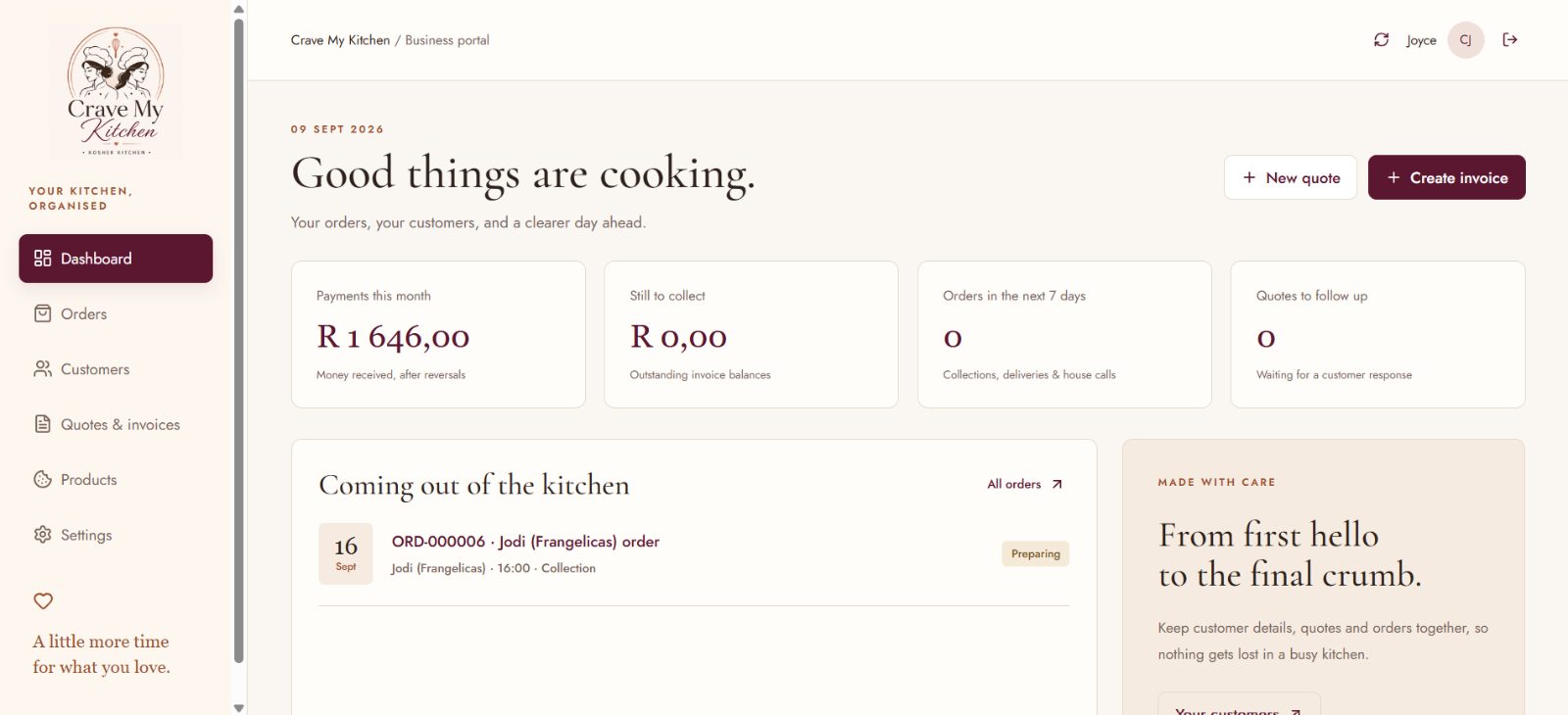 Crave My Kitchen — Business Portal on desktop